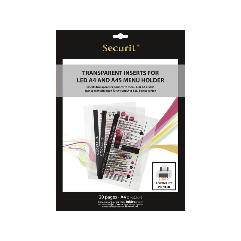 Transparentní vložka do LED jídelních lístků Securit, vhodné pro tisk na inkoustové tiskárně