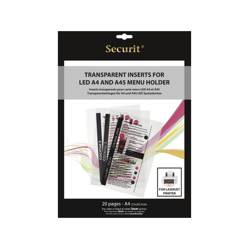 Transparentní vložka do LED jídelních lístků Securit, vhodné pro tisk na laserové tiskárně