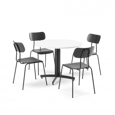 Jídelní sestava: 1x stůl Ø 900 mm, bílý + 4x židle, černá