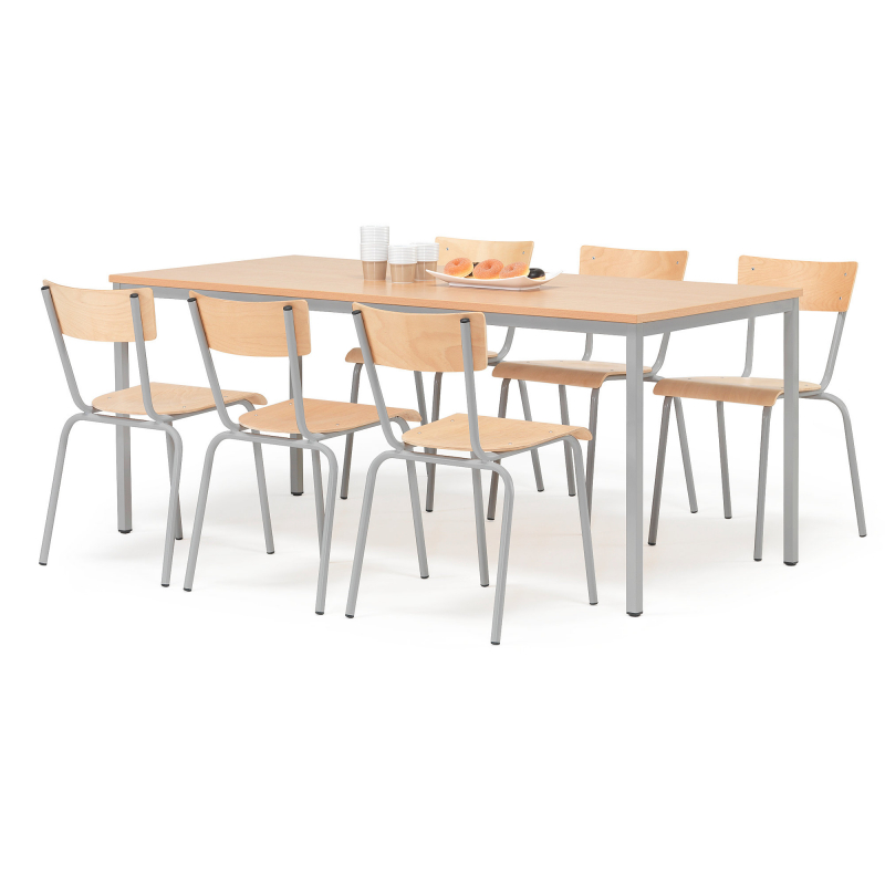 Jídelní sestava: stůl 1800x800 mm + 6 židlí, buk/hliníkově šedá