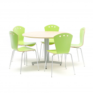 Jídelní sestava: stůl Ø 1100 mm, bříza + 5 židlí, zelené