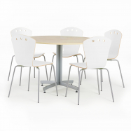 Jídelní sestava: stůl Ø 1100 mm, bříza + 5 židlí, bílé