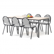 Jídelní sestava: stůl 1800x800 mm, bříza + 6 židlí, šedá/černá