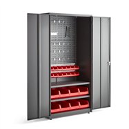 Dílenská skříň Supply, elektronický zámek, 2 police, 2 panely, 24 boxů, 1900x1020x500 mm, šedá