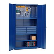 Dílenská skříň Supply, zámek na klíč, 3 police, 6 zásuvek, 1 panel, 1900x1020x500 mm, modrá