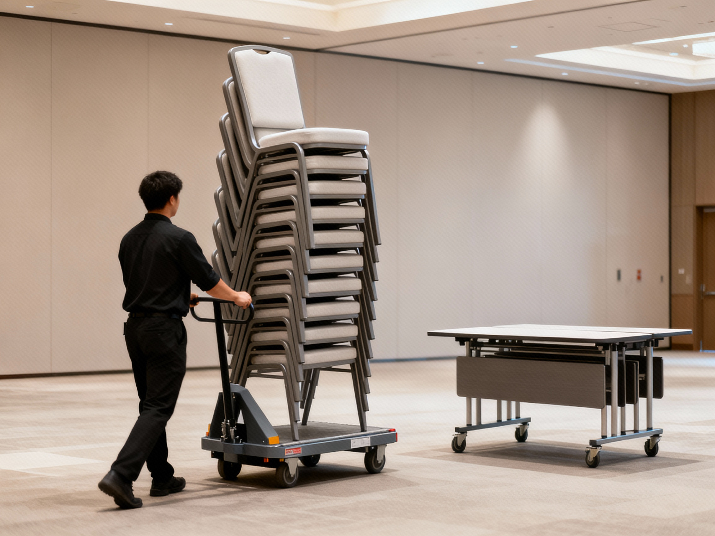 Transportní vozík se stohovanými židlemi